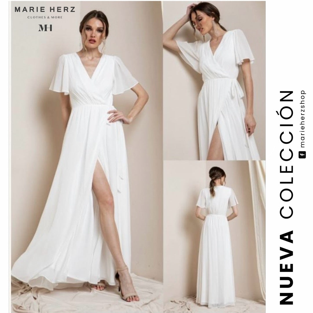 1060976  Maxivestido  blanco envolvente liso