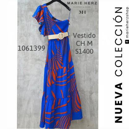 1061399  Vestido azul naranja estampado