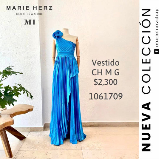 1061709  Vestido azul tablas hombro