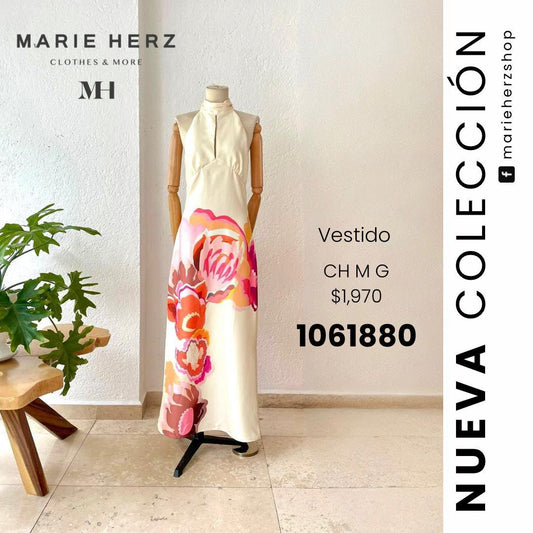 1061880  Vestido beige flores naranjas