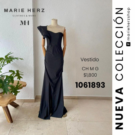 1061893  Vestido negro olán hombro