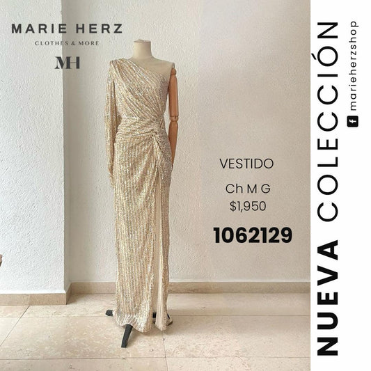 1062129  Vestido lentejuela plata dorado