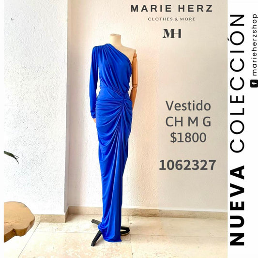 1062327  Vestido manga hombro azul rey