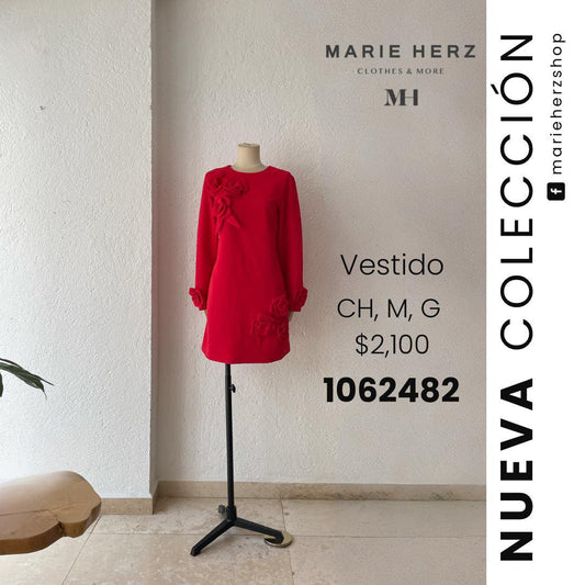 1062482  Vestido Rojo Corto Mangas Flores