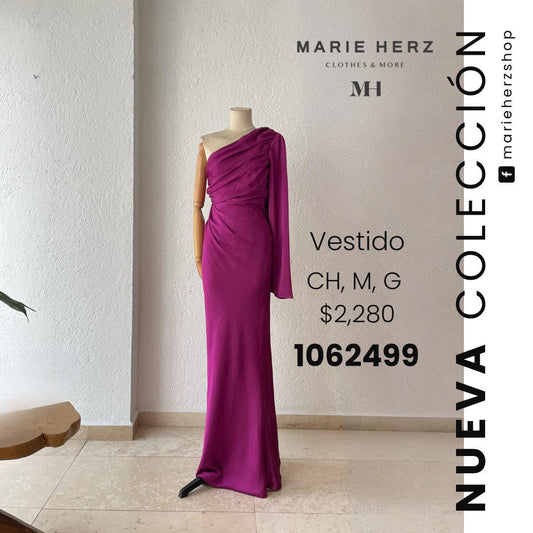 1062499  Vestido un hombro manga Berry